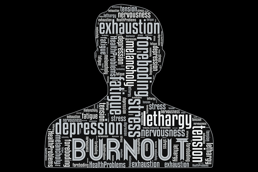 Word cloud poster on Burnout using words like depression, lethargy, foreboding, fatigue, tension, depression etc.