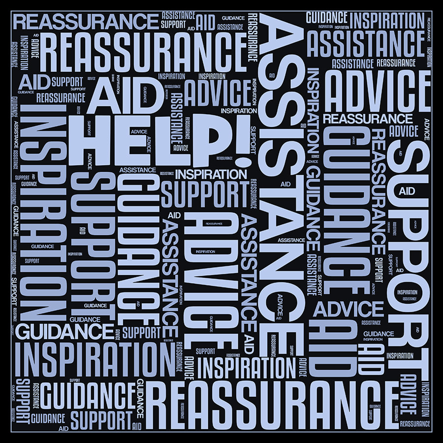 Word cloud poster on asking for help using words like aid, reassurance, advice, inspiration, guidance, support, reassurance etc.