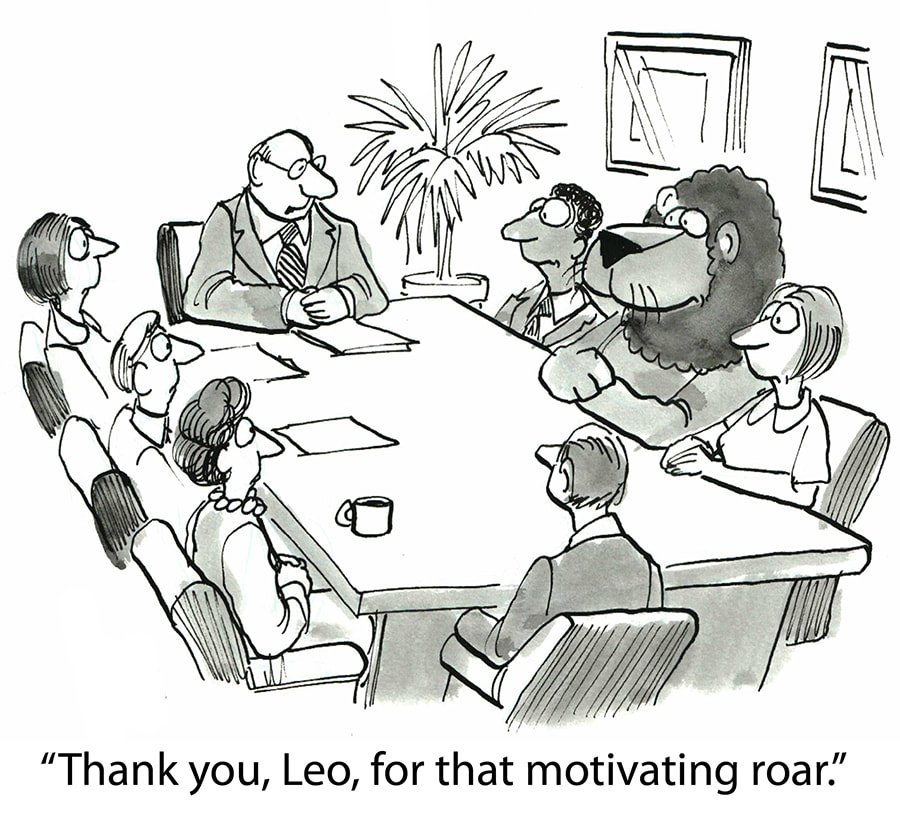 Cartoon meeting with seven scared people and one lion.  Caption reads 