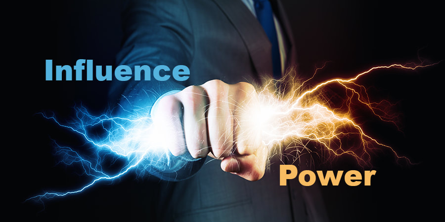 Man holding lightening with the words Influence and Power on either side.