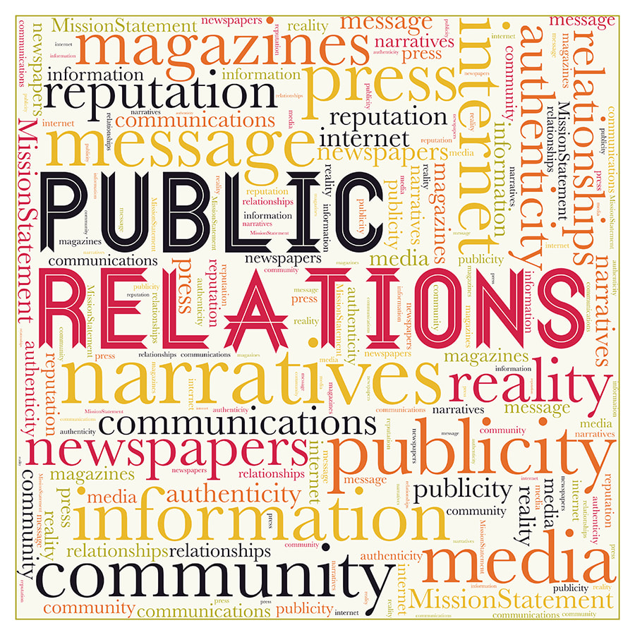 Word cloud poster for public relations using words like magazines, newspapers, narratives, publicity, reality, authenticity, media etc. 
