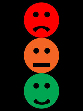 Poster three smiley faces arranged as traffic lights red face sad. amber face neutral  and green face smiling.